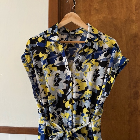 ALISON ANDREWS | Chic Floral Midi Dress Blue Yellow Button Down Short Sleeve - Picture 3 of 11